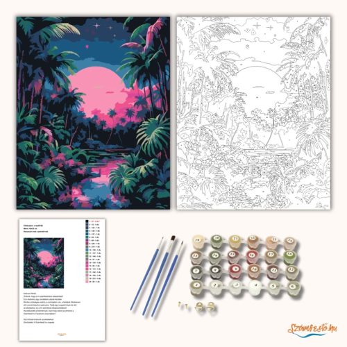 Rózsaszín hold a pálmák közt - számfestő készlet - Számfestő.hu - 40×50cm - Keretre feszítve