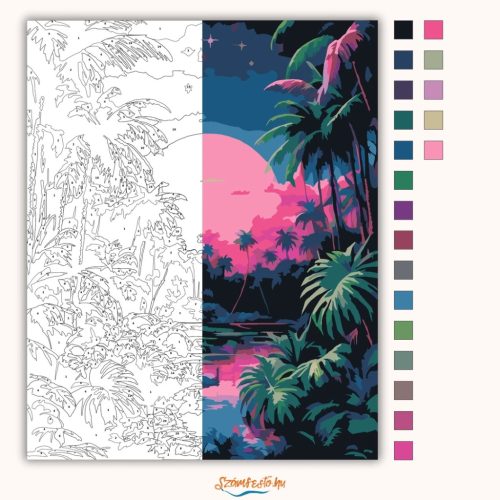 Rózsaszín hold a pálmák közt - számfestő készlet - Számfestő.hu - 40×50cm - Keret nélkül