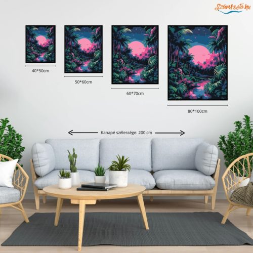 Rózsaszín hold a pálmák közt - számfestő készlet - Számfestő.hu - 40×50cm - Keretre feszítve