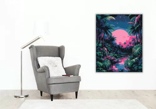 Rózsaszín hold a pálmák közt - számfestő készlet - Számfestő.hu - 40×50cm - Keret nélkül