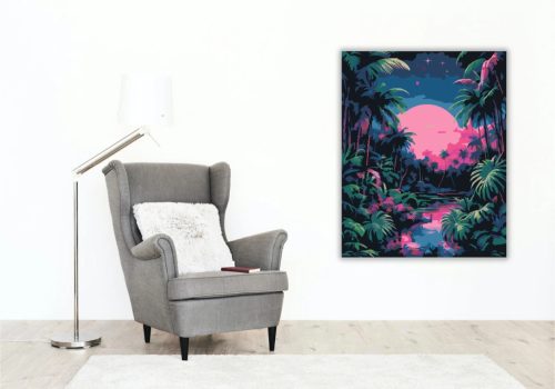 Rózsaszín hold a pálmák közt - számfestő készlet - Számfestő.hu - 40×50cm - Keretre feszítve