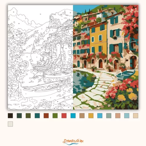 Olasz tóparti falu - számfestő készlet - Számfestő.hu - 60×70cm - Keretre feszítve