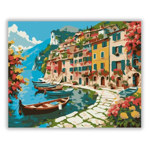 Olasz tóparti falu - számfestő készlet - Számfestő.hu - 60×70cm - Keret nélkül