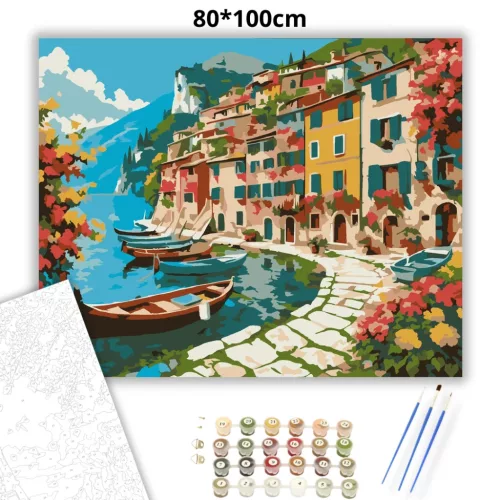 Olasz tóparti falu - számfestő készlet - Számfestő.hu - 80×100cm - Keretre feszítve