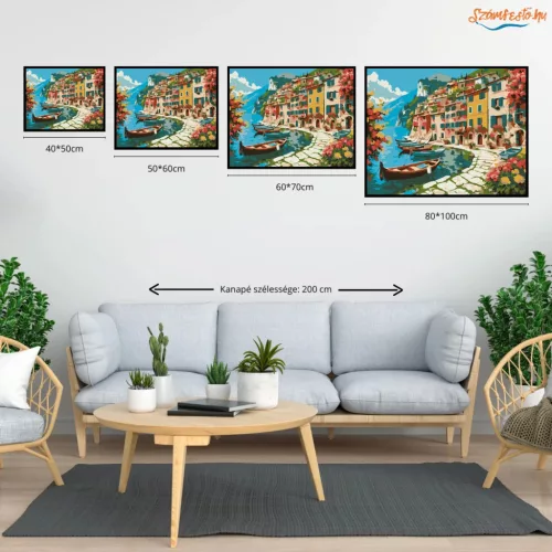 Olasz tóparti falu - számfestő készlet - Számfestő.hu - 80×100cm - Keretre feszítve