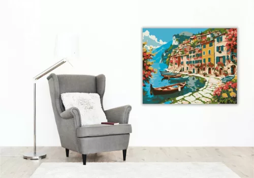 Olasz tóparti falu - számfestő készlet - Számfestő.hu - 80×100cm - Keret nélkül