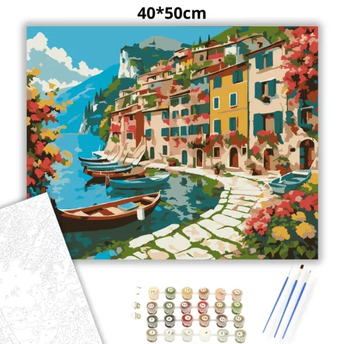 Olasz tóparti falu - számfestő készlet - Számfestő.hu - 40×50cm - Keretre feszítve