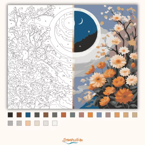 Harmonikus nap és hold - számfestő készlet - Számfestő.hu - 40×50cm - Keretre feszítve