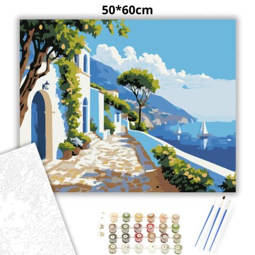 Derűs tengerparti sétány - számfestő készlet - Számfestő.hu - 50×60cm - Keretre feszítve
