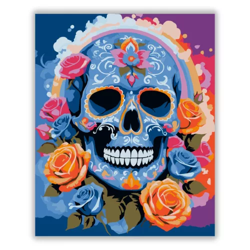 Vibráló rózsakoszorú koponya - számfestő készlet - Számfestő.hu - 50×60cm - Keretre feszítve