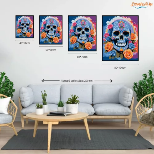 Vibráló rózsakoszorú koponya - számfestő készlet - Számfestő.hu - 60×70cm - Keret nélkül