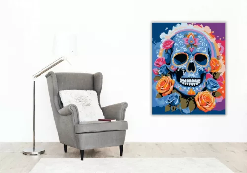 Vibráló rózsakoszorú koponya - számfestő készlet - Számfestő.hu - 60×70cm - Keretre feszítve