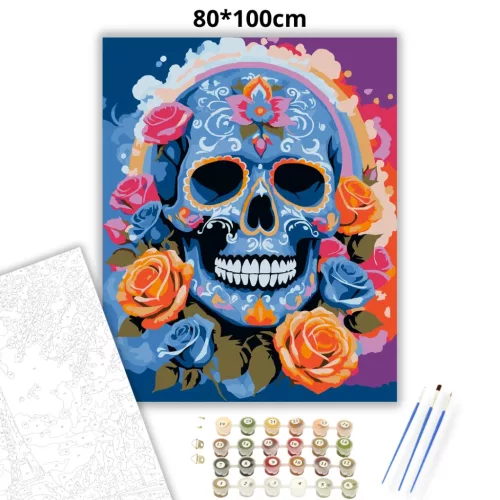 Vibráló rózsakoszorú koponya - számfestő készlet - Számfestő.hu - 80×100cm - Keretre feszítve