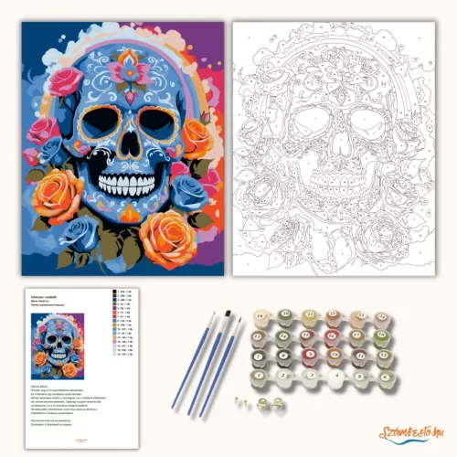 Vibráló rózsakoszorú koponya - számfestő készlet - Számfestő.hu - 80×100cm - Keret nélkül