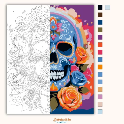 Vibráló rózsakoszorú koponya - számfestő készlet - Számfestő.hu - 80×100cm - Keretre feszítve