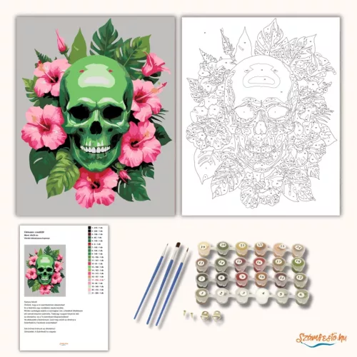 Vibráló hibiszkuszos koponya - számfestő készlet - Számfestő.hu - 60×70cm - Keret nélkül