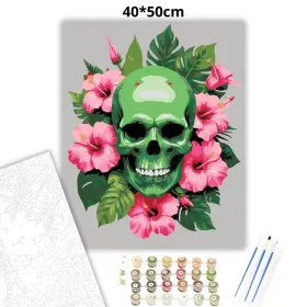 Vibráló hibiszkuszos koponya - számfestő készlet - Számfestő.hu - 40×50cm - Keret nélkül