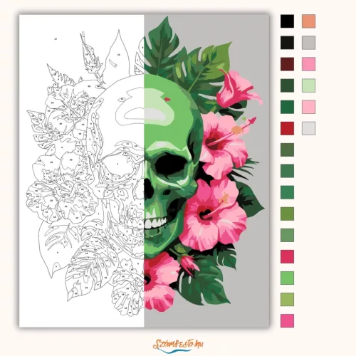 Vibráló hibiszkuszos koponya - számfestő készlet - Számfestő.hu - 40×50cm - Keret nélkül