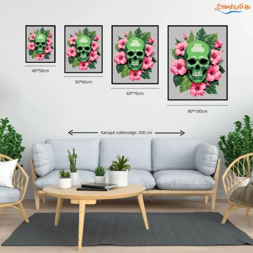 Vibráló hibiszkuszos koponya - számfestő készlet - Számfestő.hu - 40×50cm - Keretre feszítve