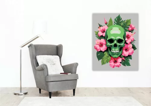 Vibráló hibiszkuszos koponya - számfestő készlet - Számfestő.hu - 40×50cm - Keret nélkül