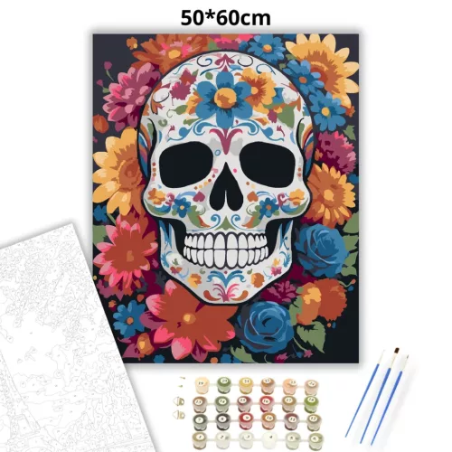 Színes virágkoszorús koponya - számfestő készlet - Számfestő.hu - 50×60cm - Keret nélkül