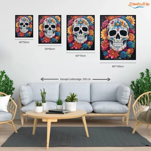 Színes virágkoszorús koponya - számfestő készlet - Számfestő.hu - 50×60cm - Keret nélkül