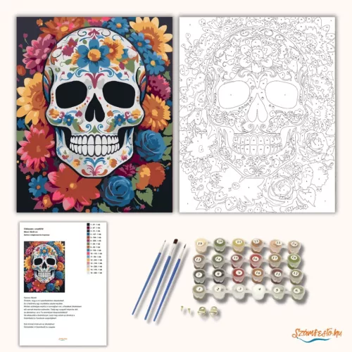 Színes virágkoszorús koponya - számfestő készlet - Számfestő.hu - 60×70cm - Keretre feszítve