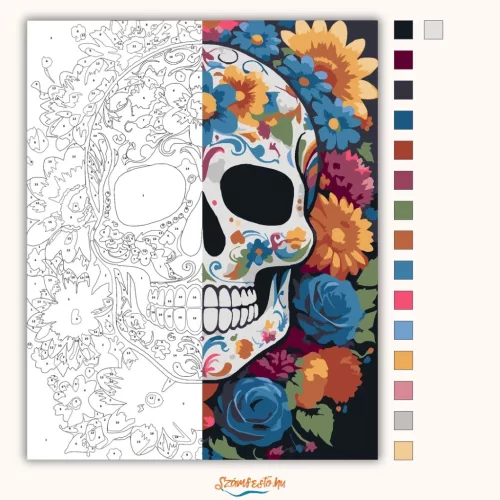 Színes virágkoszorús koponya - számfestő készlet - Számfestő.hu - 60×70cm - Keret nélkül