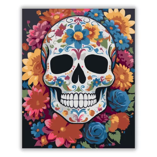 Színes virágkoszorús koponya - számfestő készlet - Számfestő.hu - 80×100cm - Keret nélkül