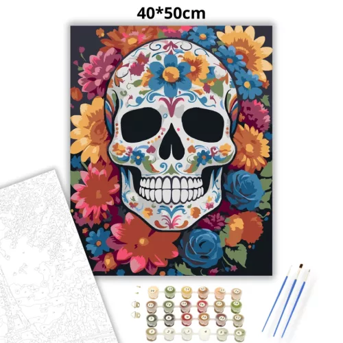 Színes virágkoszorús koponya - számfestő készlet - Számfestő.hu - 40×50cm - Keretre feszítve