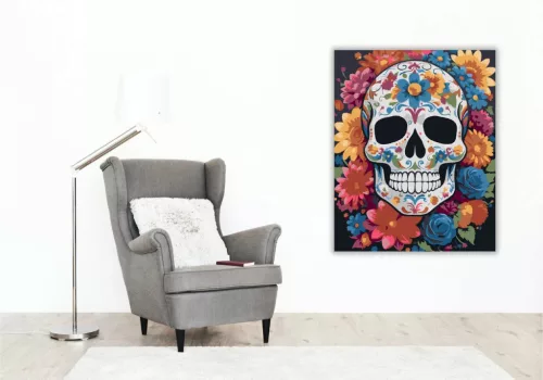 Színes virágkoszorús koponya - számfestő készlet - Számfestő.hu - 40×50cm - Keretre feszítve