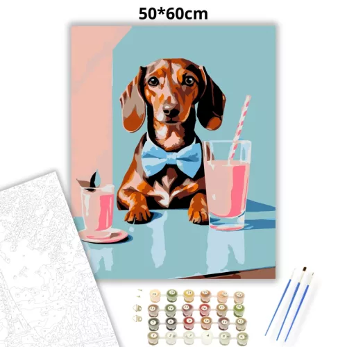 Csokornyakkendős tacskó - számfestő készlet - Számfestő.hu - 50×60cm - Keretre feszítve