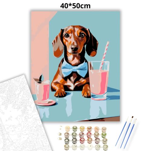 Csokornyakkendős tacskó - számfestő készlet - Számfestő.hu - 40×50cm - Keretre feszítve