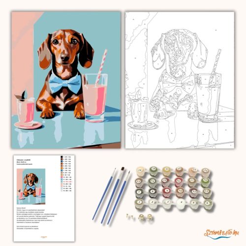 Csokornyakkendős tacskó - számfestő készlet - Számfestő.hu - 40×50cm - Keretre feszítve