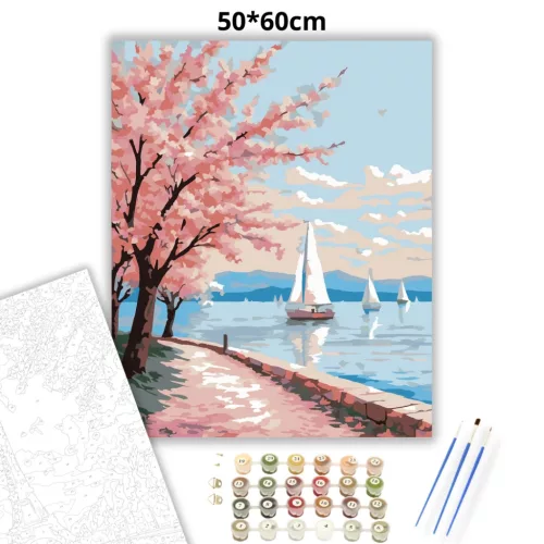 Tavaszi vitorlások a Balatonon - számfestő készlet - Számfestő.hu - 50×60cm - Keretre feszítve