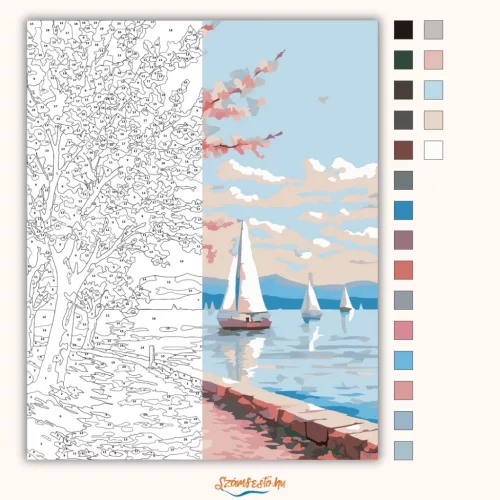 Tavaszi vitorlások a Balatonon - számfestő készlet - Számfestő.hu - 50×60cm - Keretre feszítve