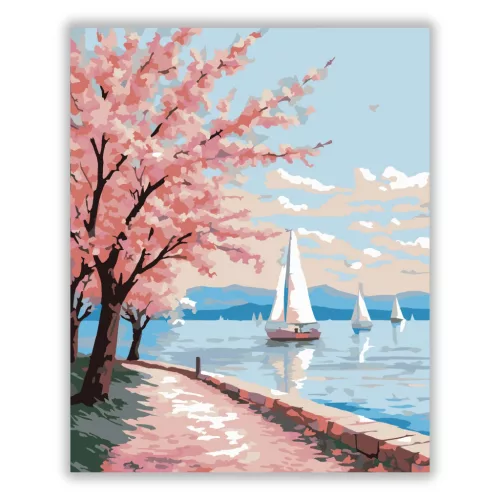 Tavaszi vitorlások a Balatonon - számfestő készlet - Számfestő.hu - 80×100cm - Keretre feszítve
