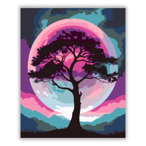 Magányos fa sziluettje - számfestő készlet - Számfestő.hu - 40×50cm - Keretre feszítve