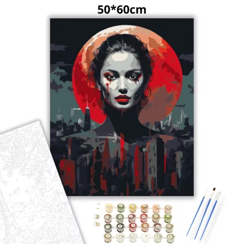 Drámai vörös holdfény - számfestő készlet - Számfestő.hu - 50×60cm - Keretre feszítve