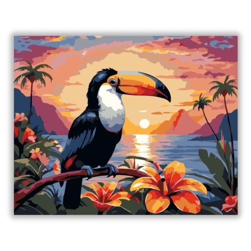 Naplementés tukán - számfestő készlet - Számfestő.hu - 50×60cm - Keretre feszítve