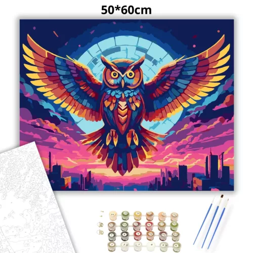 Futurisztikus színes bagoly - számfestő készlet - Számfestő.hu - 50×60cm - Keretre feszítve