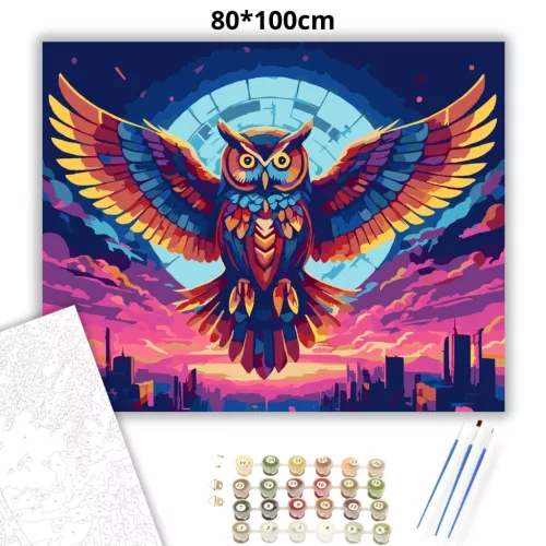 Futurisztikus színes bagoly - számfestő készlet - Számfestő.hu - 80×100cm - Keretre feszítve