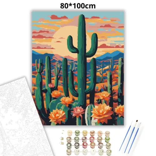 Virágzó kaktuszmező - számfestő készlet - Számfestő.hu - 80×100cm - Keretre feszítve