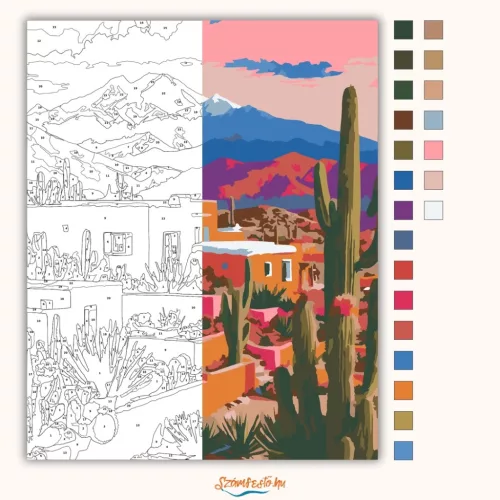 Aranyló vályogházak - számfestő készlet - Számfestő.hu - 60×70cm - Keret nélkül