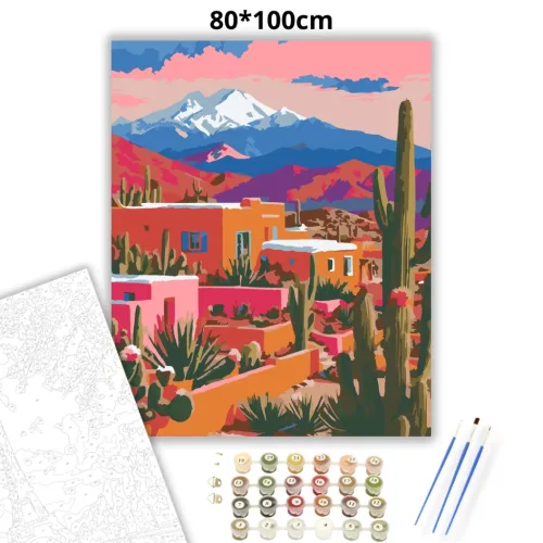 Aranyló vályogházak - számfestő készlet - Számfestő.hu - 80×100cm - Keret nélkül