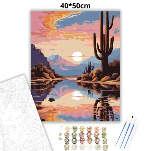 Békés kaktusz tükröződése - számfestő készlet - Számfestő.hu - 40×50cm - Keretre feszítve