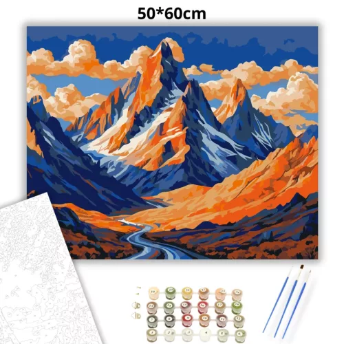 Narancsfényű csúcsok - számfestő készlet - Számfestő.hu - 50×60cm - Keretre feszítve