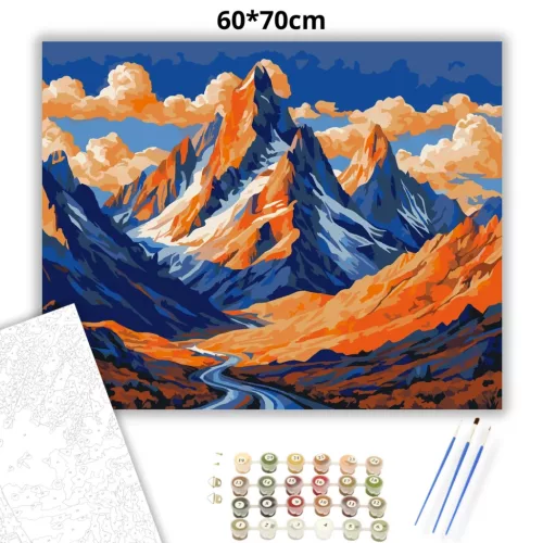 Narancsfényű csúcsok - számfestő készlet - Számfestő.hu - 60×70cm - Keretre feszítve