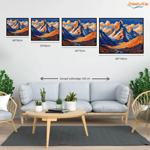 Narancsfényű csúcsok - számfestő készlet - Számfestő.hu - 40×50cm - Keretre feszítve