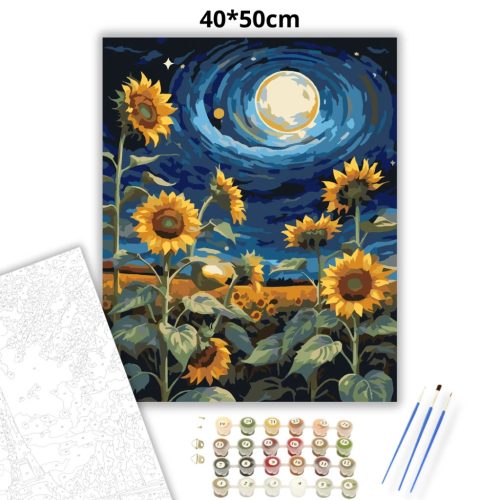 Örvénylő napraforgók - számfestő készlet - Számfestő.hu - 40×50cm - Keretre feszítve